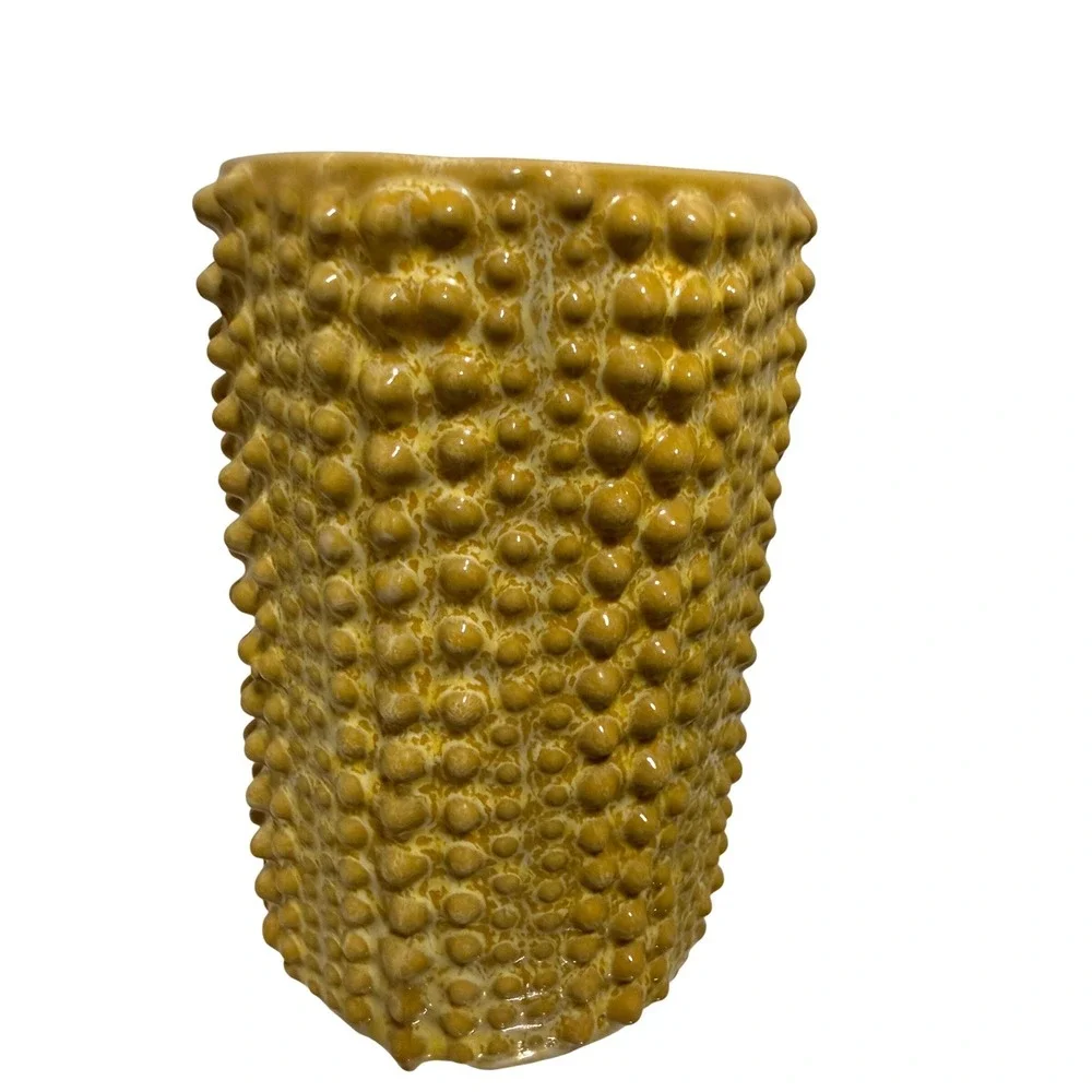 Bloomingville Textured Stoneware Vase Mustard Yellow Hobnail Rustic Modern Decor